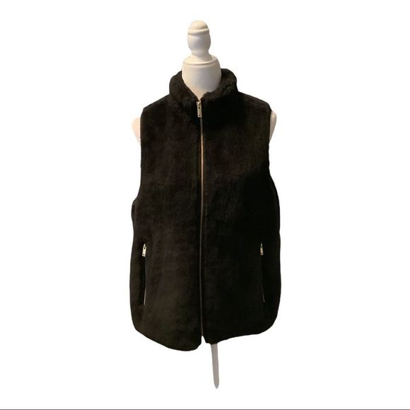 J Crew Black Faux Fur Fully Lined Vest Coat Size L